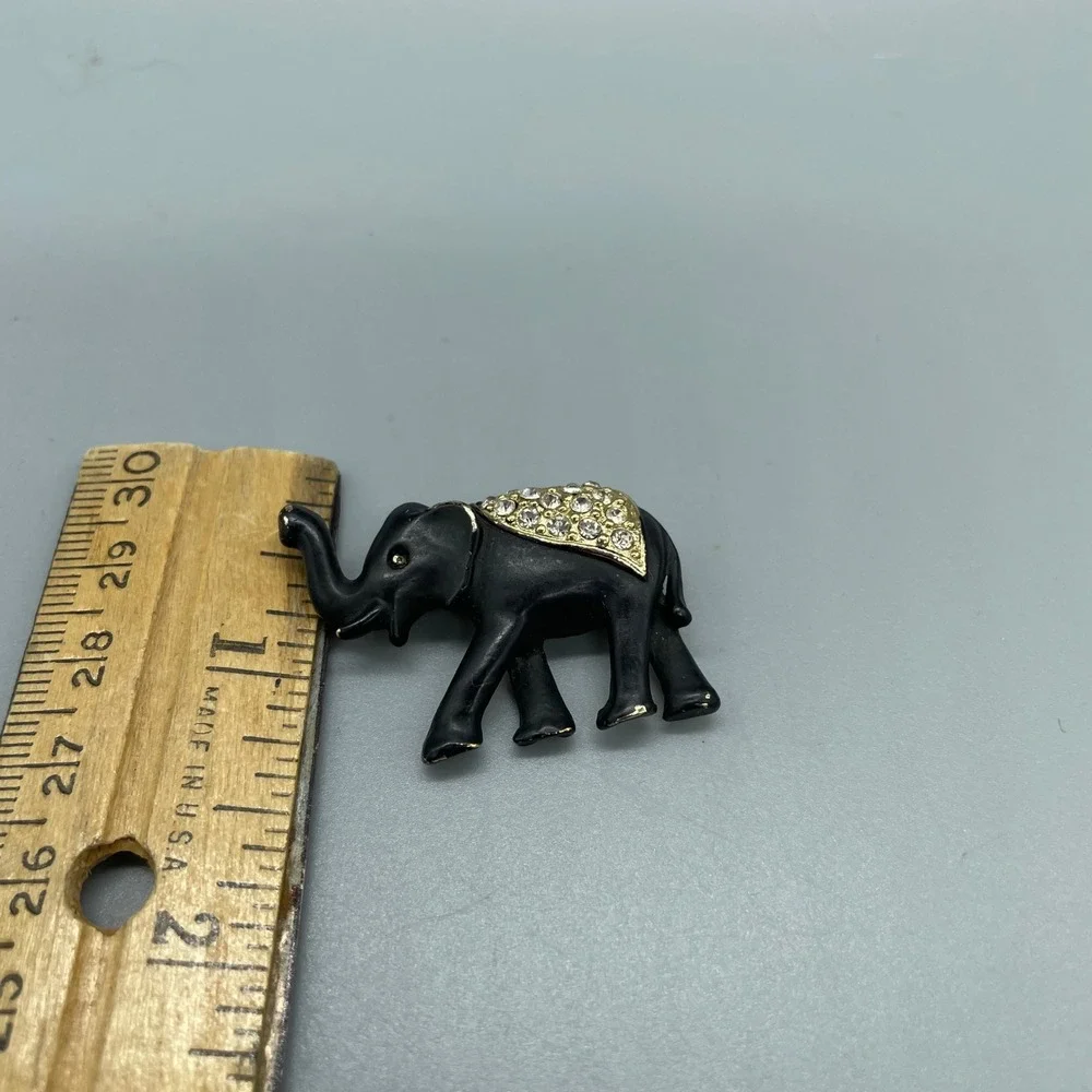 Vintage MEESCO Black Enamel Elephant Brooch Gold Tone Rhinestone Pin missing eye
